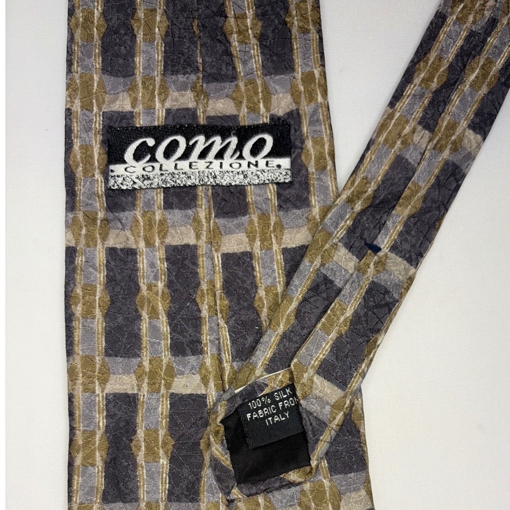 Como Collezione Mens Silk Tie Geometric Grid Grey Olive Green Italian Fabric - Picture 2 of 4